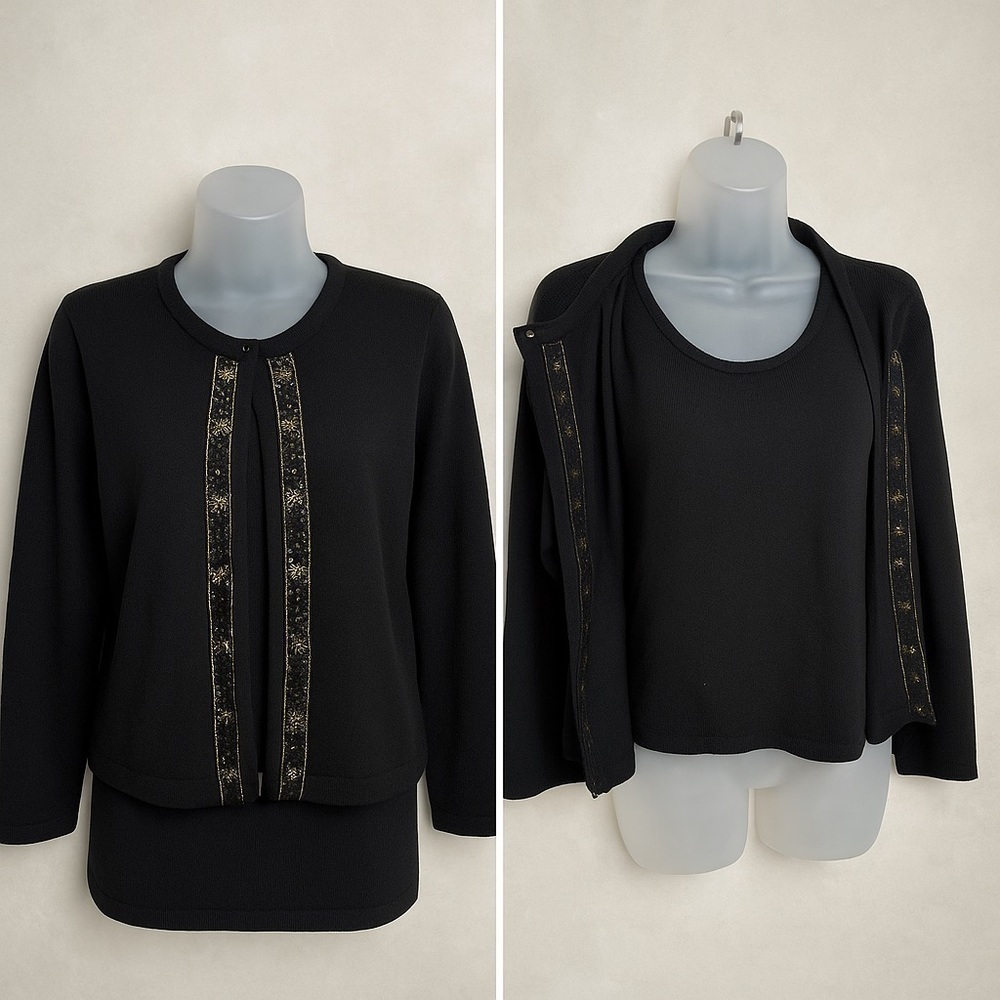 Sag Harbor Black Knit Twinset 2-Piece Cardigan & Shell - Small Embellished Trim - Picture 2 of 9